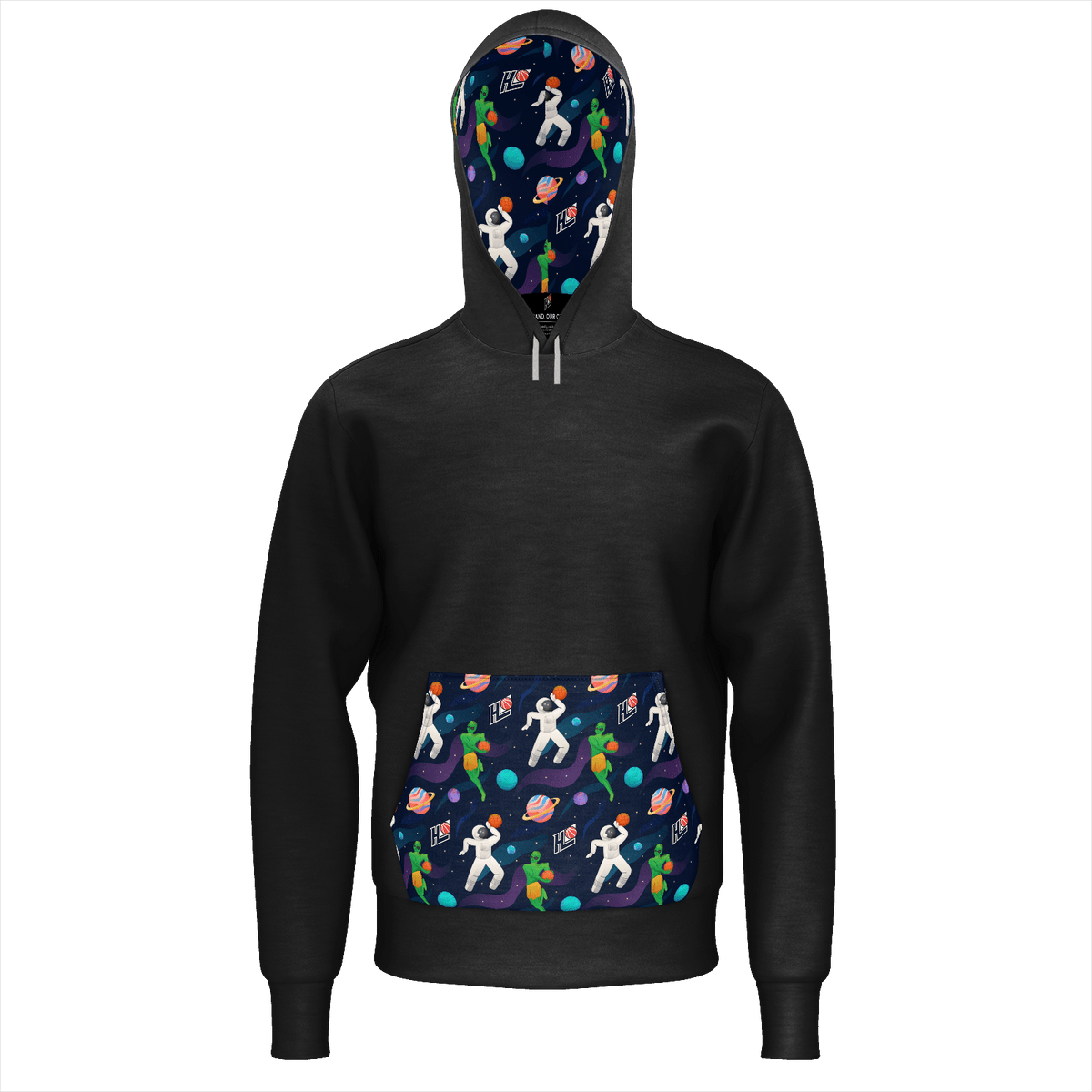 Space Hoop Fly Pouch Pullover Black Hoodie | Streetwear